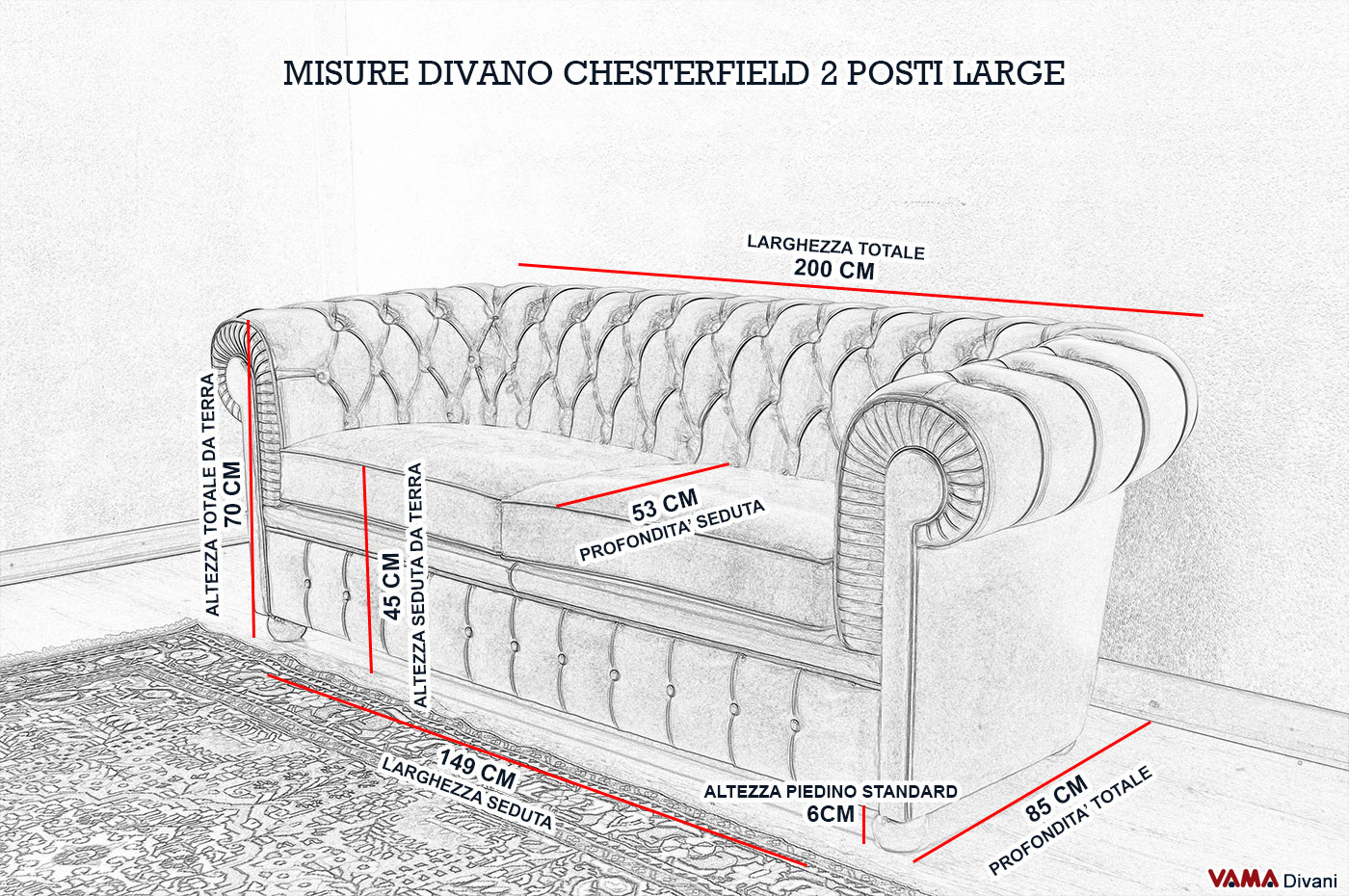 Divano chesterfield 2 posti maxi due cuscini large for Divano dimensioni