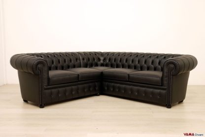 Divano Chesterfield angolare nero in pelle