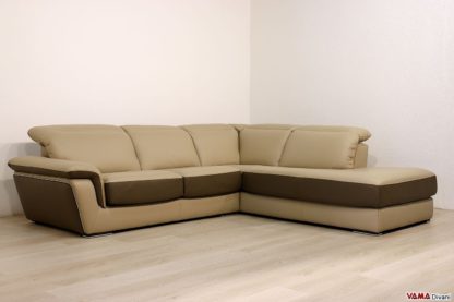Divano angolare moderno in pelle marrone e beige