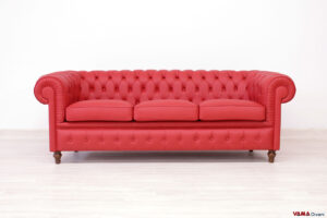 Divano Chesterfield tre posti rosso in pelle con piedi su misura