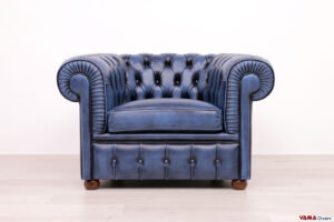 Poltrona Chesterfield blu vintage in pelle
