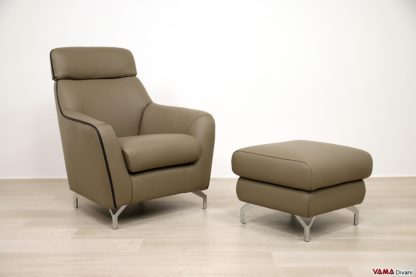 Poltrona moderna con pouf in pelle grigia