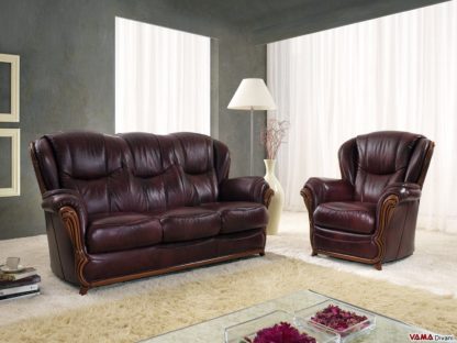 Salotto classico in legno e pelle bordeaux