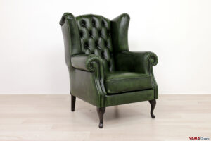 Poltrona bergere stile inglese in pelle verde