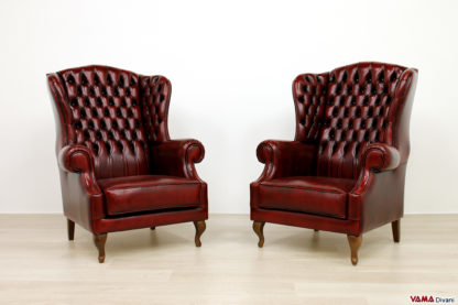 Poltrone bergere capitonnè in pelle vintage rosso antico