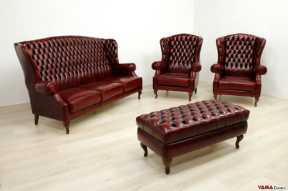 Salotto bergere capitonnè classico in pelle rosso antico