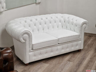 Divano Chesterfield 2 posti bianco in pelle con sospensione a molle biconiche legate a mano