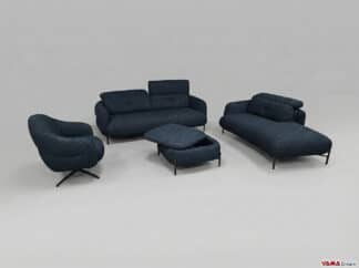 Set salotto in bouclé blu con divani chaise longue, pouf contenitore e poltrona coordinata