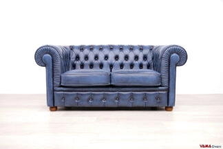 Divano Chesterfield blu vintage in pelle 2 posti