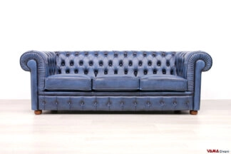 Divano Chesterfield 3 posti in pelle blu vintage