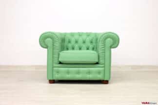 Poltrona Chesterfield verde chiaro in pelle spessorata