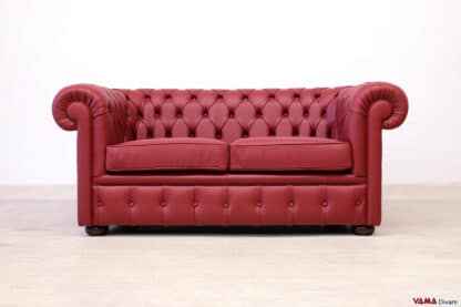Divano Chesterfield 2 posti rosso bordeaux in pelle spessorata