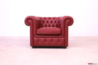 Poltrona Chesterfield rossa bordeaux in pelle spessorata tinta unita