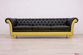 Divano Chesterfield su misura in pelle nera e gialla, artigianale e personalizzabile