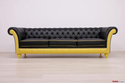 Divano Chesterfield su misura in pelle nera e gialla, artigianale e personalizzabile